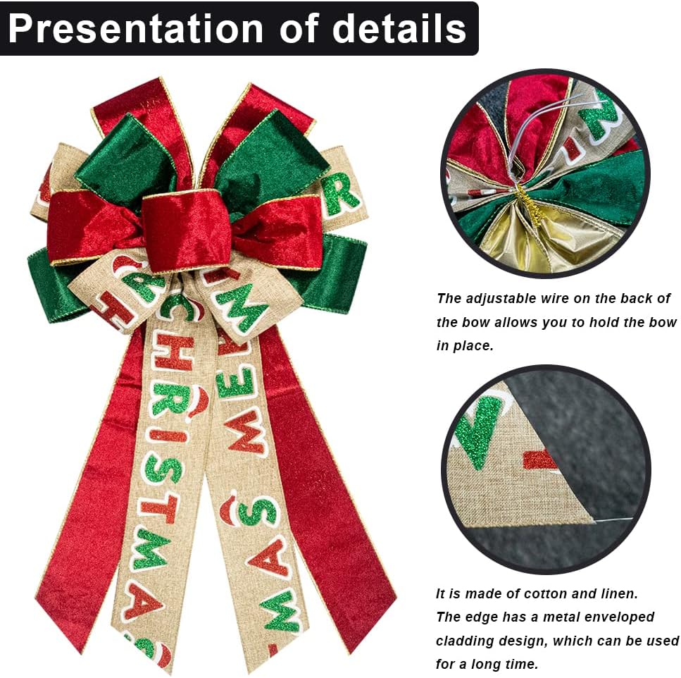 Large Christmas Wreath Bows, Christmas Words Velvet Ribbon Bows for Wreaths, Large Tree Topper Bows for Christmas Home Garden Indoor Outdoor Party Decoration Wreath Ornament Supplies