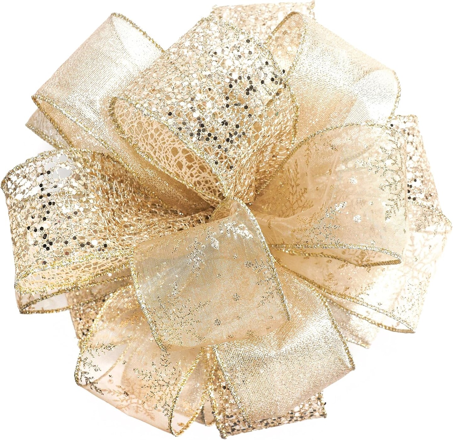Christmas Tree Topper Bow - Bow: 11&#x22; sq. - Tails: 3 Yards Long Each - Champagne Snowflake