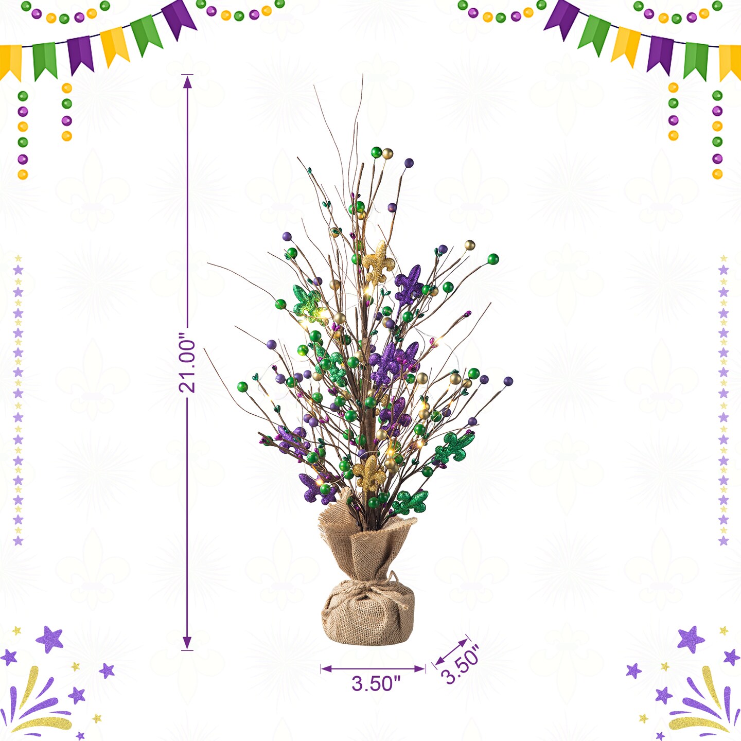 Set of 2 21"H Lighted Mardi Gras Fleur-de-Lis & Berry Table Tree