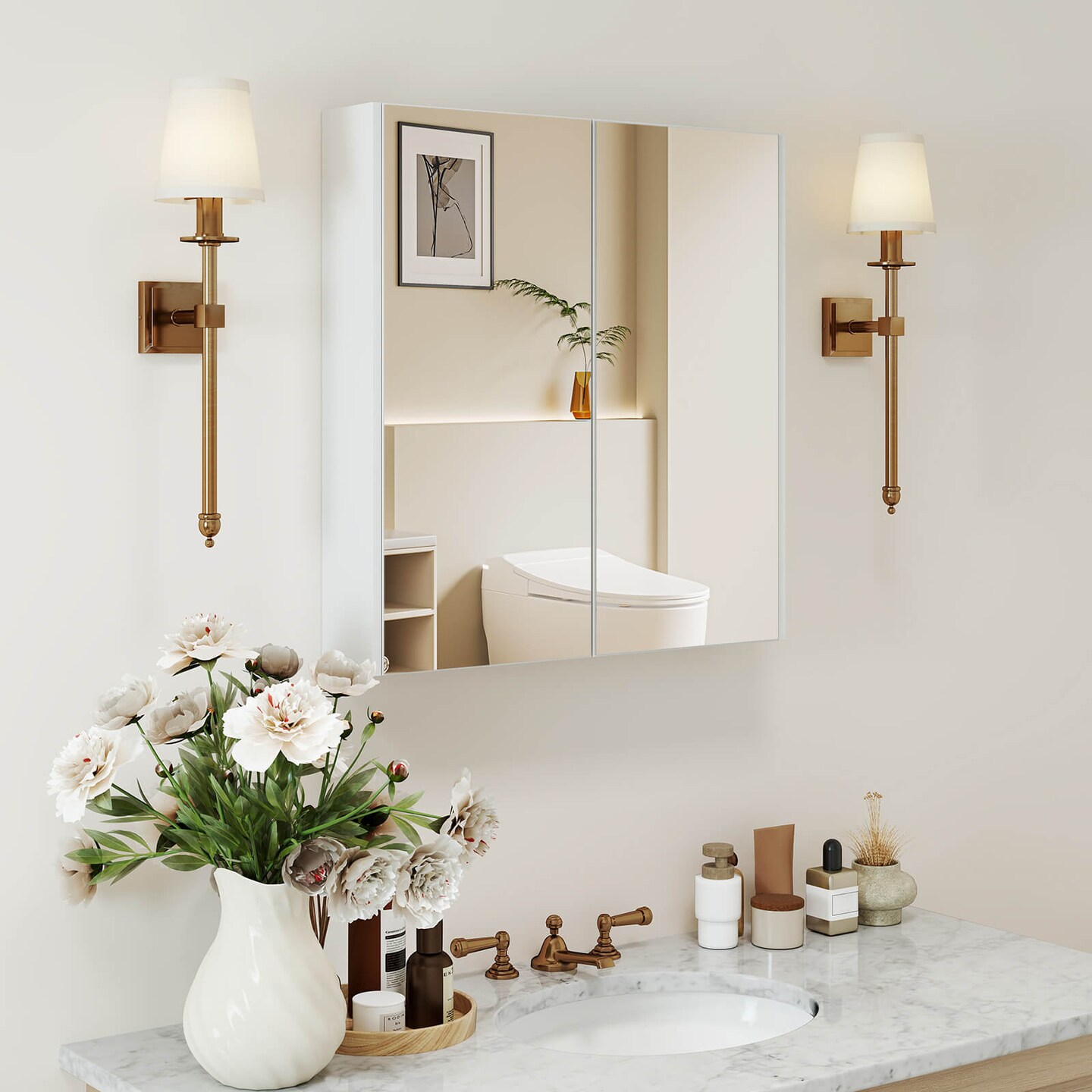 Costway 24.5&#x22; x 42.5&#x22; Bathroom Wall Cabinet with Double Mirrored Doors &#x26; Adjustable Shelf