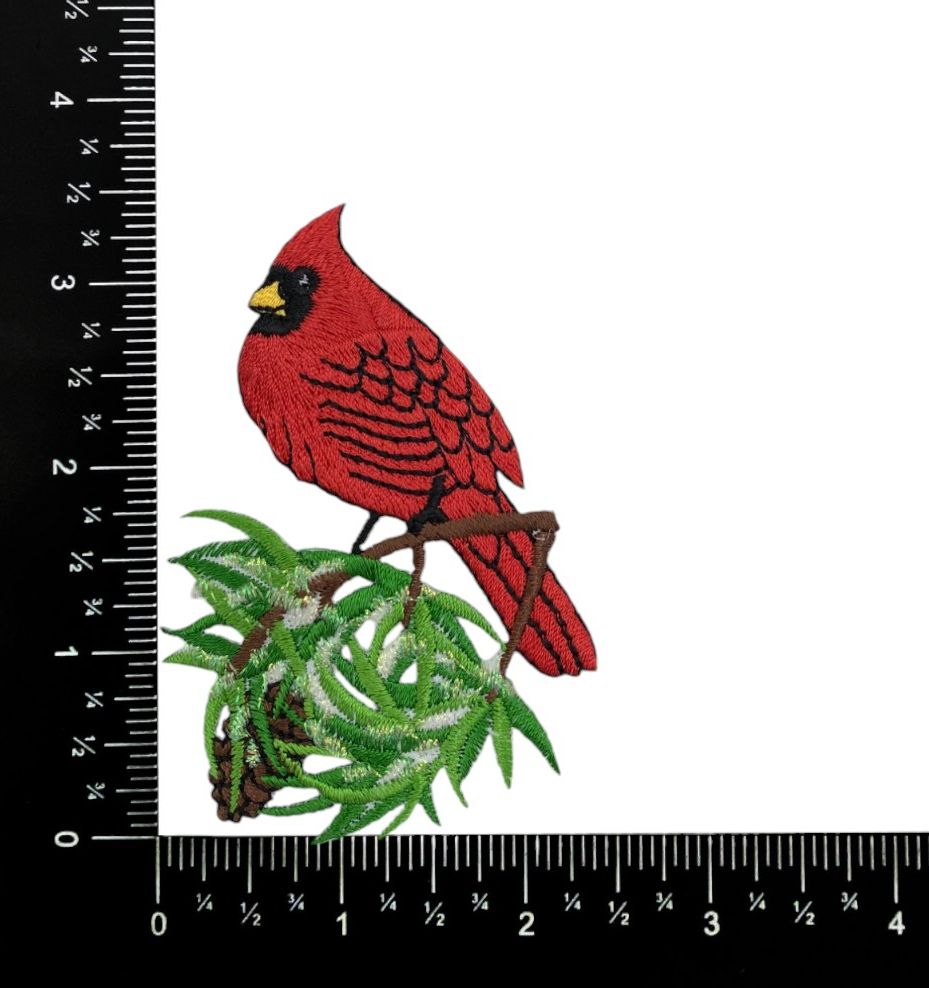 Cardinal on Snowy Branch, Shimmery, Embroidered, Iron on Patch