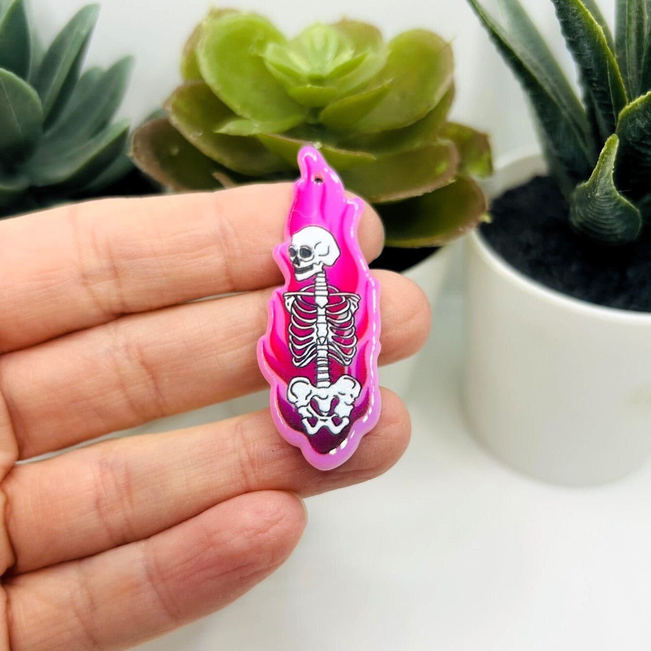 1, 4 or 20 Pieces: Pink Flame Skeleton Halloween Charm - Double Sided