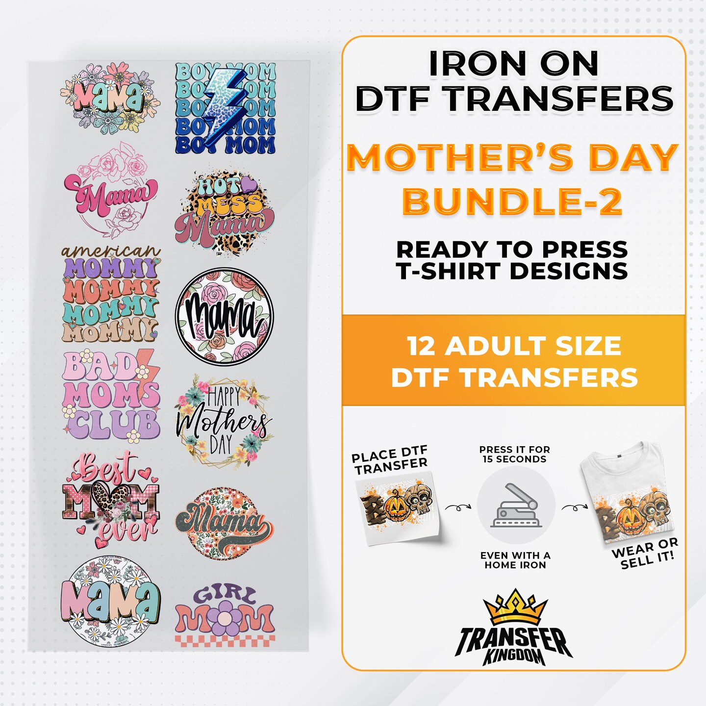 Mother&#x27;s Day Bundle Iron on DTF Transfer Bundle 2 - 12 Best Seller Ready To Press T-shirt Designs