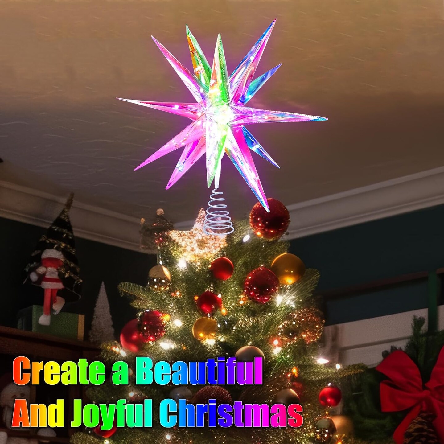 Christmas Star Tree Topper, 15.8&#x22; Smart Star Tree Top of Crystal-Like 3D Polygonal Shell, Light Tree top w/Remote Control/App, Music Sync RGB Color Changing Control LED Christmas Light, 36 Lights