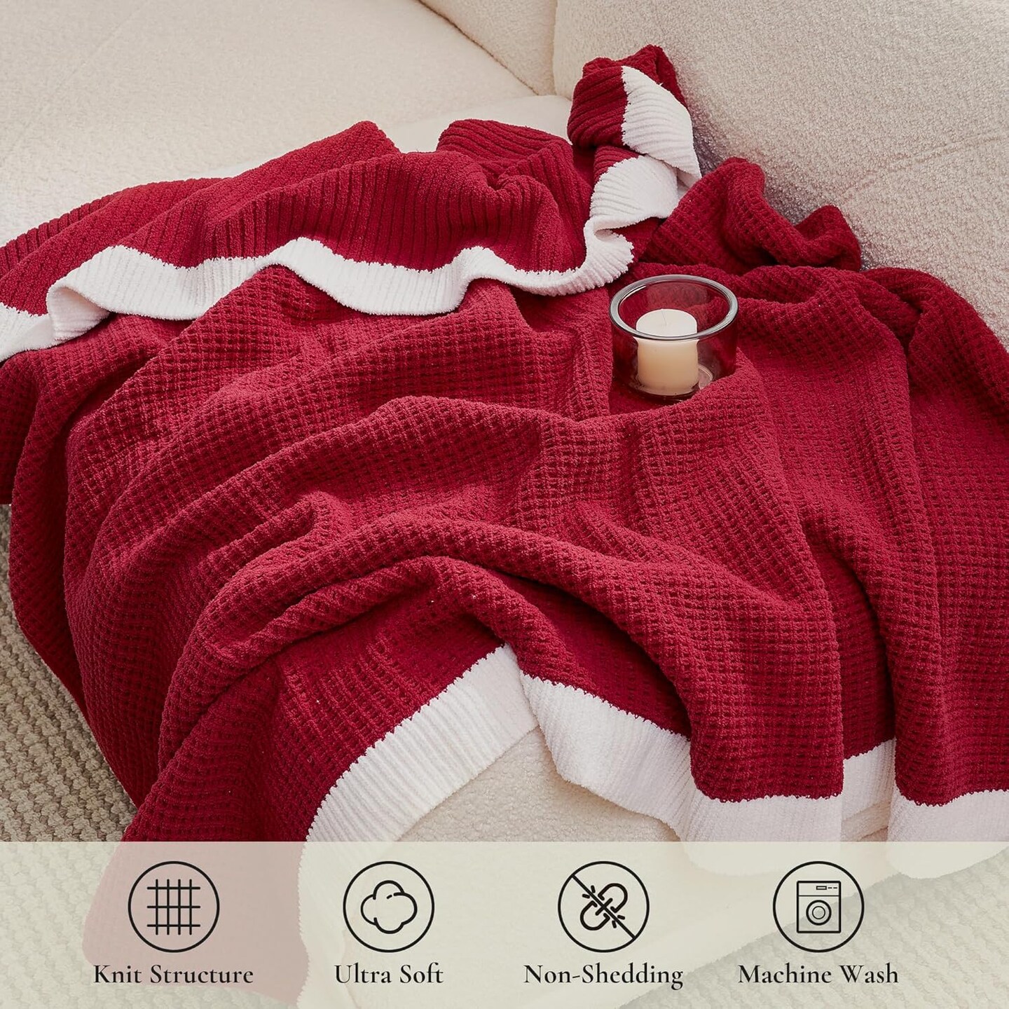 Home Chenille Christmas Waffle Throw Blanket for Couch, Reversible Soft Cozy Knit Blanket Lightweight Warm Xmas Decorative Throw for Sofa, Bed, Living Room, Christmas Red, 50 x 60 inch