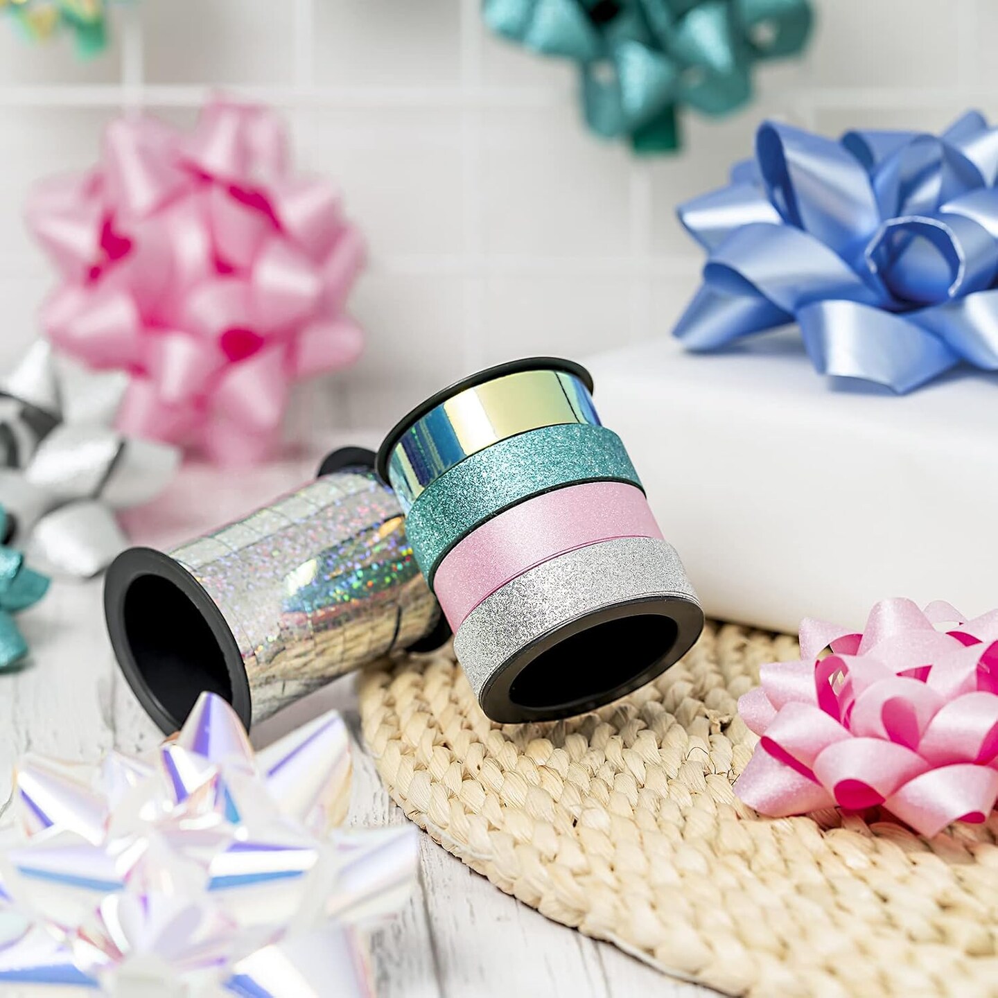 14 Pcs Gift Bows Assortment - 12 Multi Colored Assorted Size Gift Bows (Silver, Green, White, Pink, Blue) and 2 Crimped Curling Ribbons, Perfect for Christmas, Holiday, Party