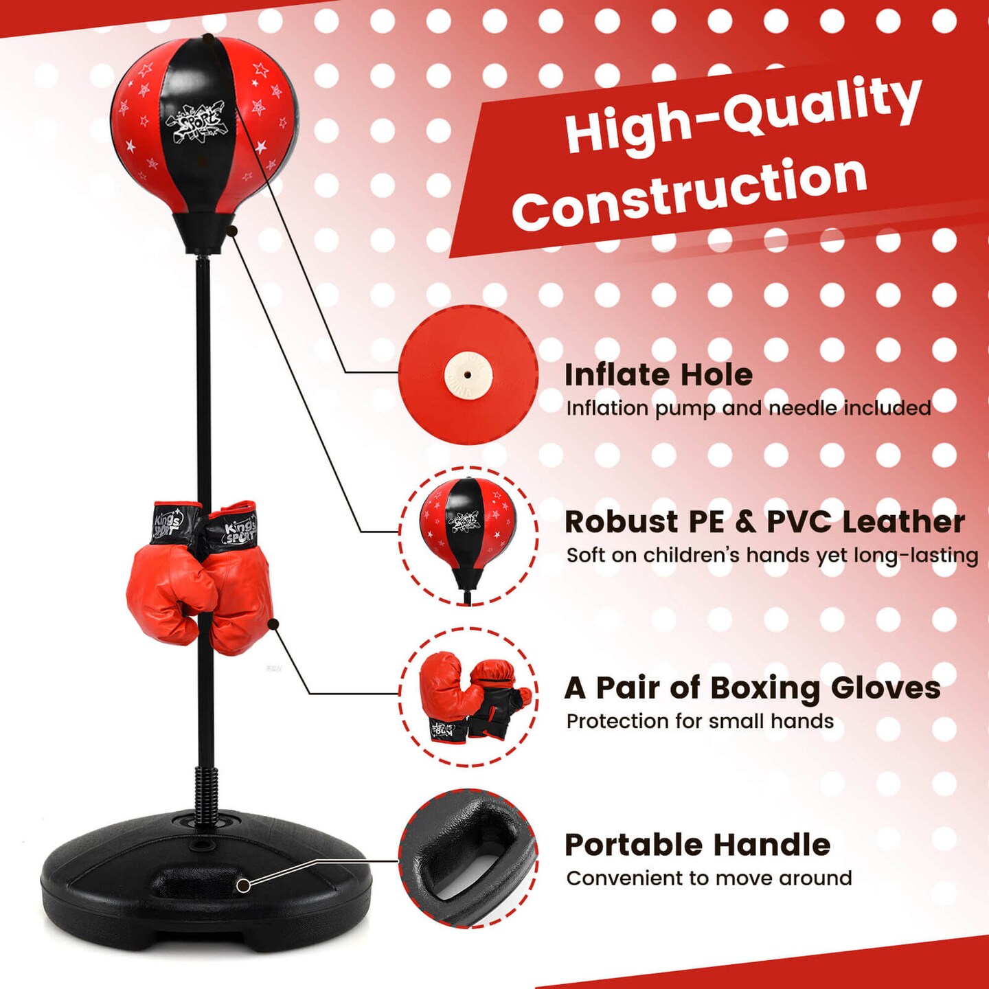 Costway Kids Punching Bag Toy Set Adjustable Stand Boxing Glove Speed Ball with Pump Red/Pink