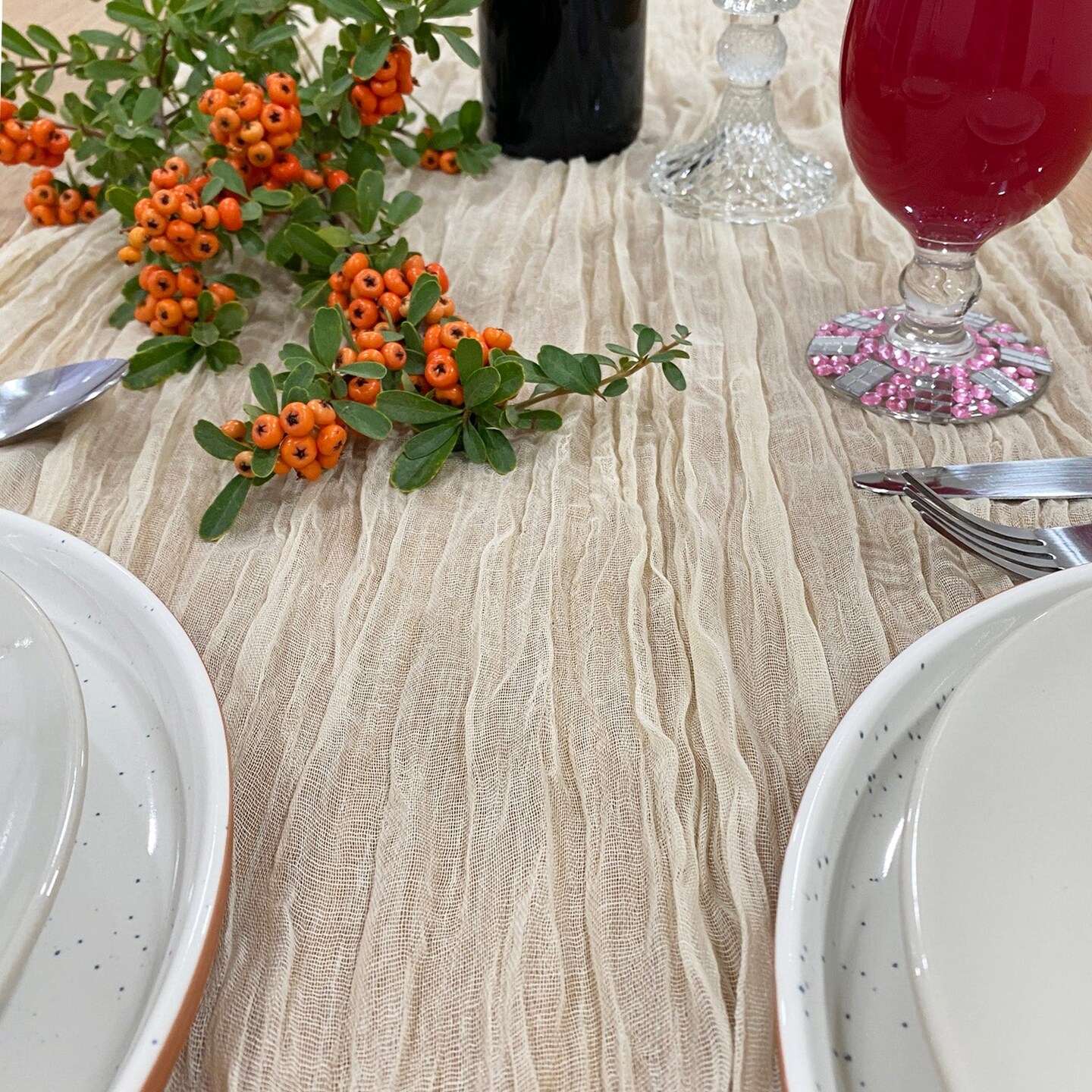 Wrapables 10Ft Bohemian Cheesecloth Gauze Table Runner for Rustic Weddings, Parties, Home Decor, Beige