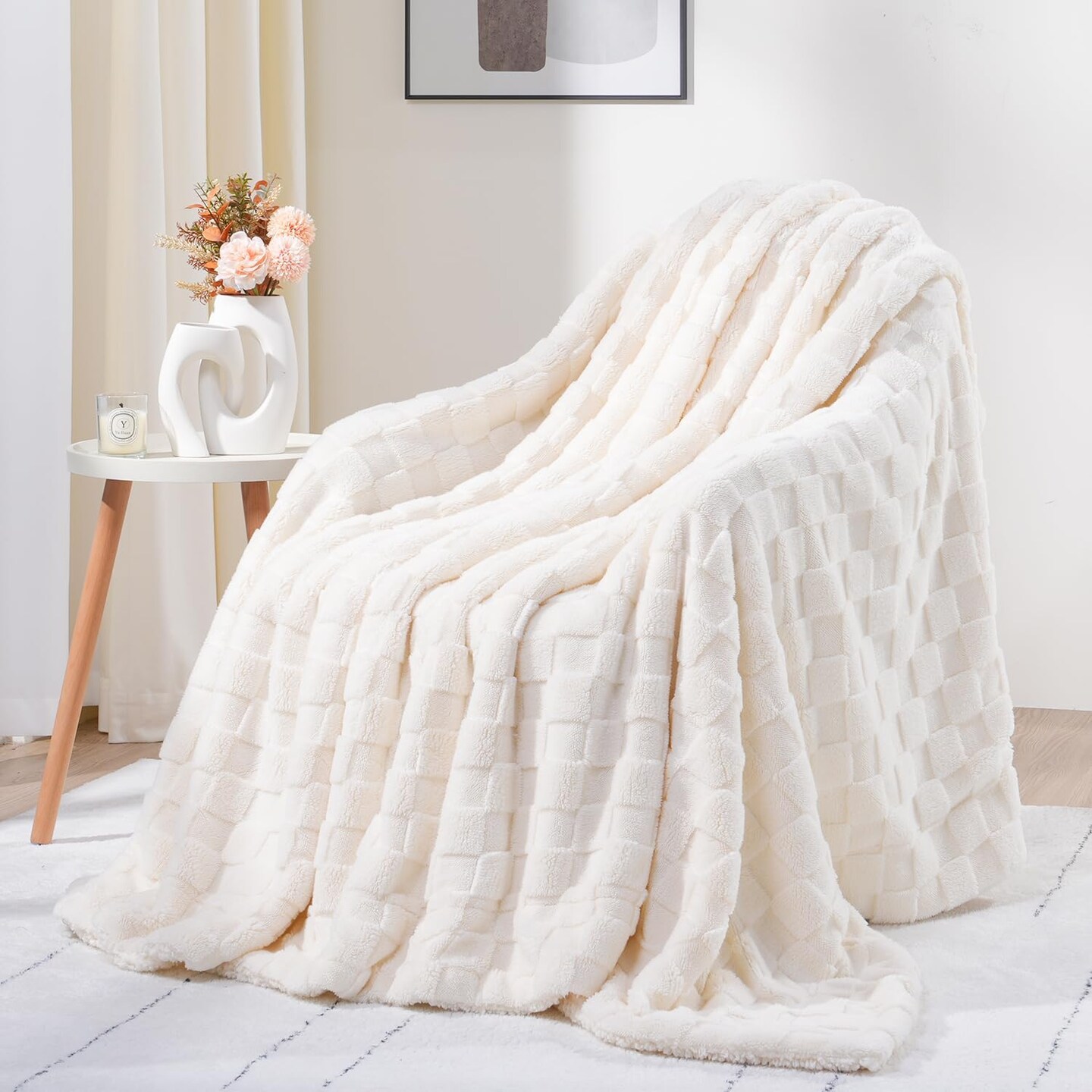 Sherpa Throw Blanket for Couch Bed, Checkered Throw Blanket for Women, Soft Fuzzy Cozy Fleece Blanket for Living Room, Christmas Throw Blanket Presents, Cream White, 50x60 inches