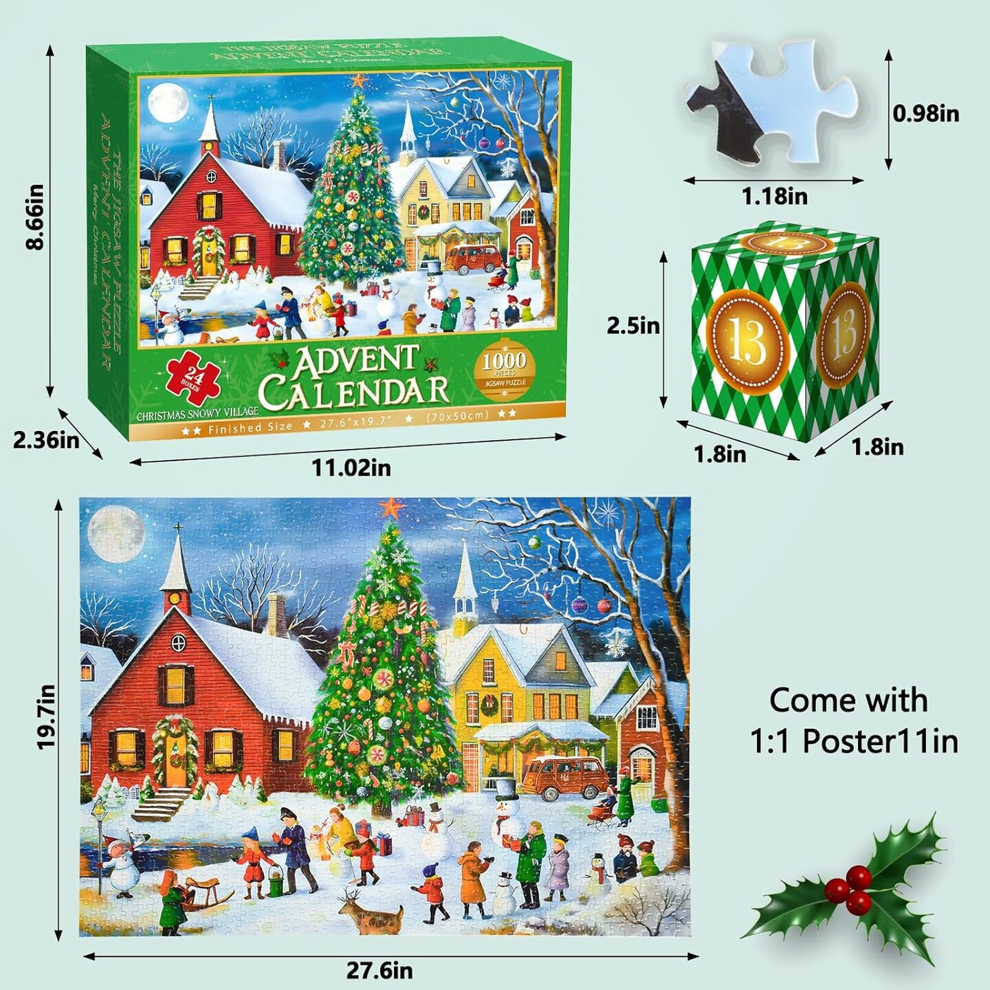 Advent Calendar Christmas Snowy Village 1000 Pieces Jigsaw Puzzle
