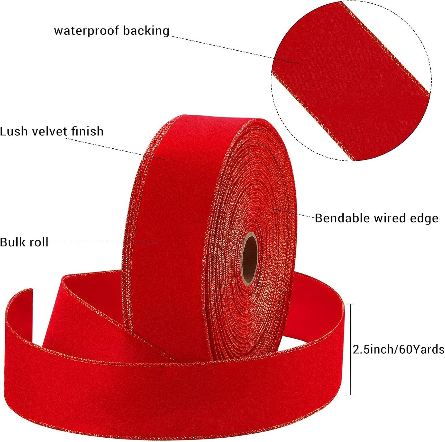 Christmas Wired Velvet Ribbon with Gold Edge Velvet Waterproof Ribbon Wrapping Velvet Decoration Ribbon for Xmas Wreath Bows Floral Craft Ornaments (Red, 2.5 Inch x 60 Yard)
