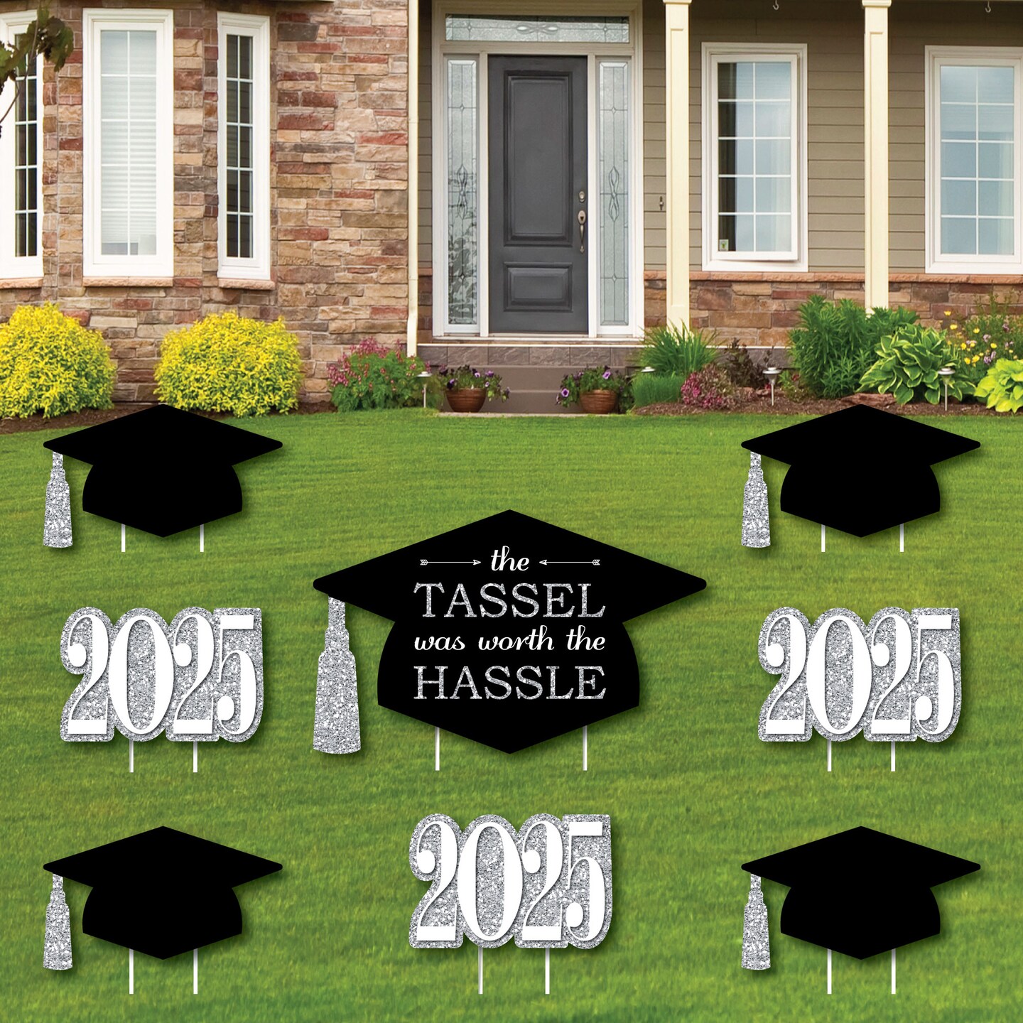 Big Dot of Happiness Silver Class of 2025 Outdoor Decorations - Graduation Yard Signs - Set of 8