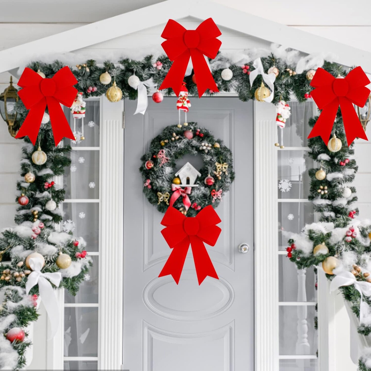 6PCS Large Red Christmas Bows,11 x 8 Inches PVC Velvet Christmas Wreath Bows for Xmas Tree Party Decoration