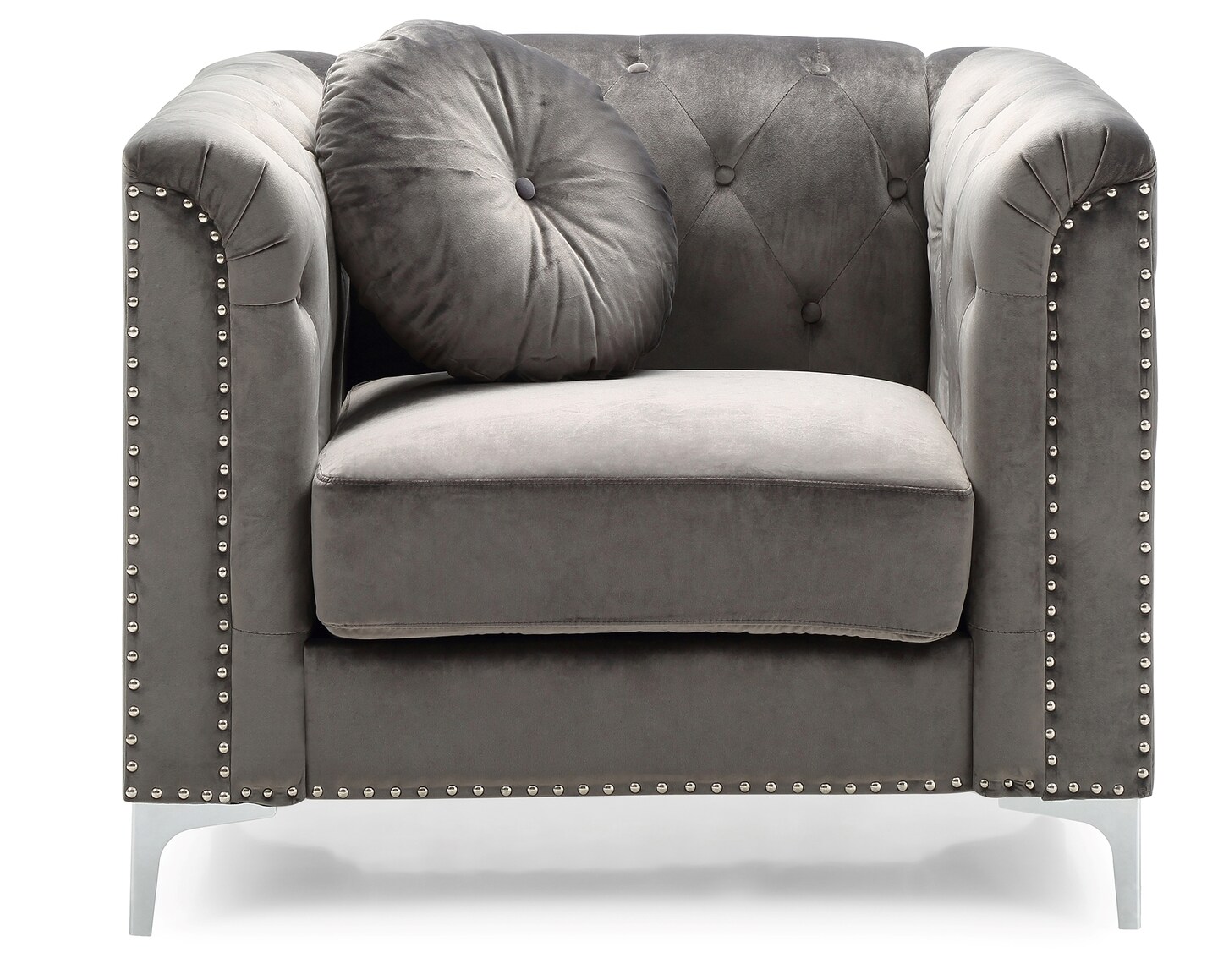 Contemporary Home Living Button Tufted Velvet Accent Chair with Throw Pillow - 38" - Gray