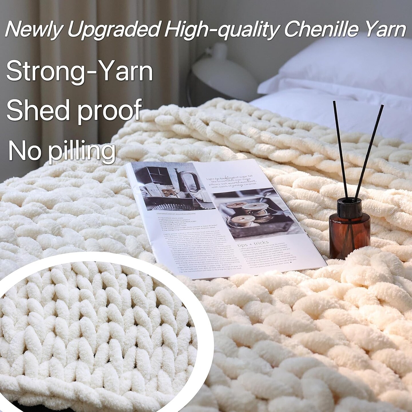 Chenille Chunky Knit Blanket Throw &#xFF08;40&#xD7;50 Inch&#xFF09;, Handmade Warm &#x26; Cozy Blanket Couch, Bed, Home Decor, Soft Breathable Fleece Banket, Christmas Thick and Giant Yarn Throws, Cream