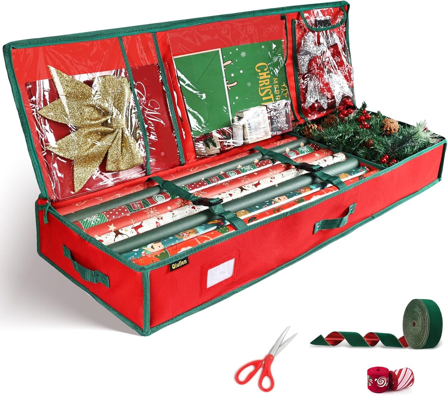 42&#x27;&#x27; Gift Wrap Organizer Christmas Wrapping Paper Storage Sturdy 600D Oxford Fabric Xmas Accessories Containers Bag Large Capacity Ornaments Storage Box (Red)