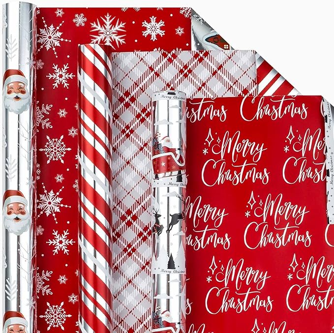 Wrapping Paper Roll - Metallic Shine Santa, Sleigh, Reindeer, Stripe, Plaid, Letterings, Snowflake for Christmas, New Year Celebration - 3 Rolls - 17 x 120 Inch Per Roll