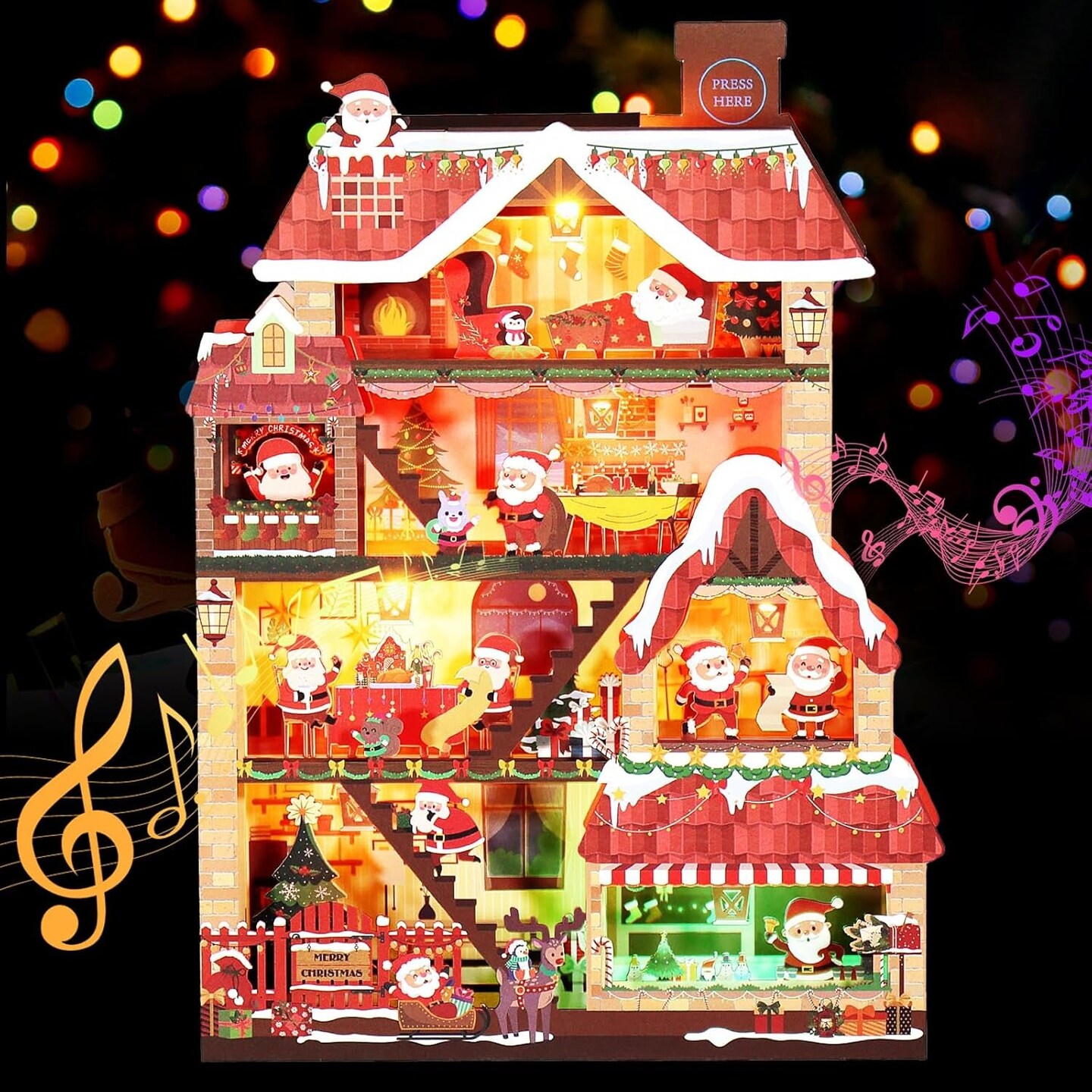 Christmas Cards, Lights and 3 Music 3D Pop up Christmas Card, Santa&#x27;S House Merry Christmas Greeting Card for Kids Mom Dad Husband Wife Men Women Daughter Son