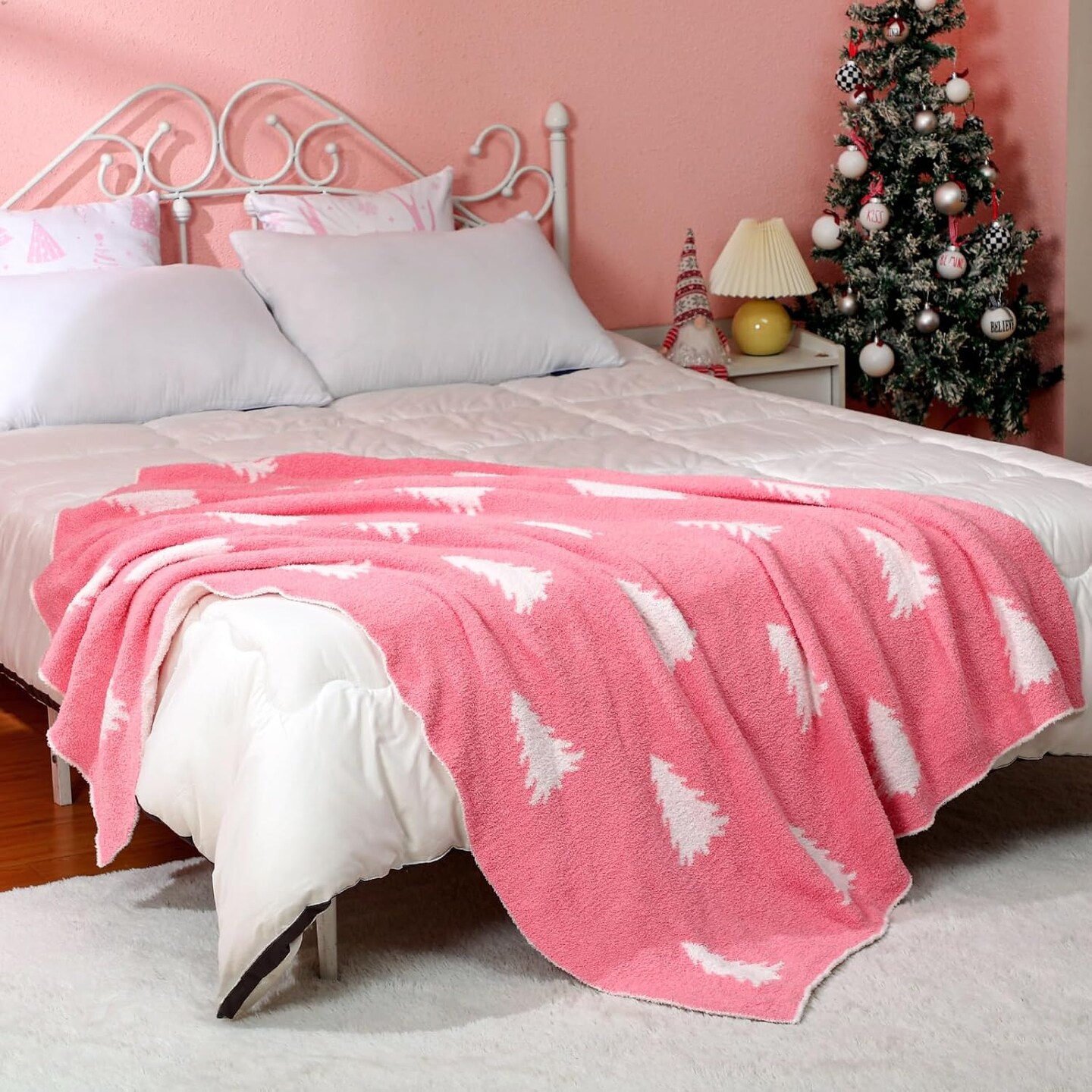 Christmas Knit Throw Blanket, 50 x 60 inch Reversible Knitted Christmas Blankets and Throws, Cozy Soft Lightweight Xmas Blankets, Winter Pink Throw Gift for Couch Sofa Bed (Christmas Tree)