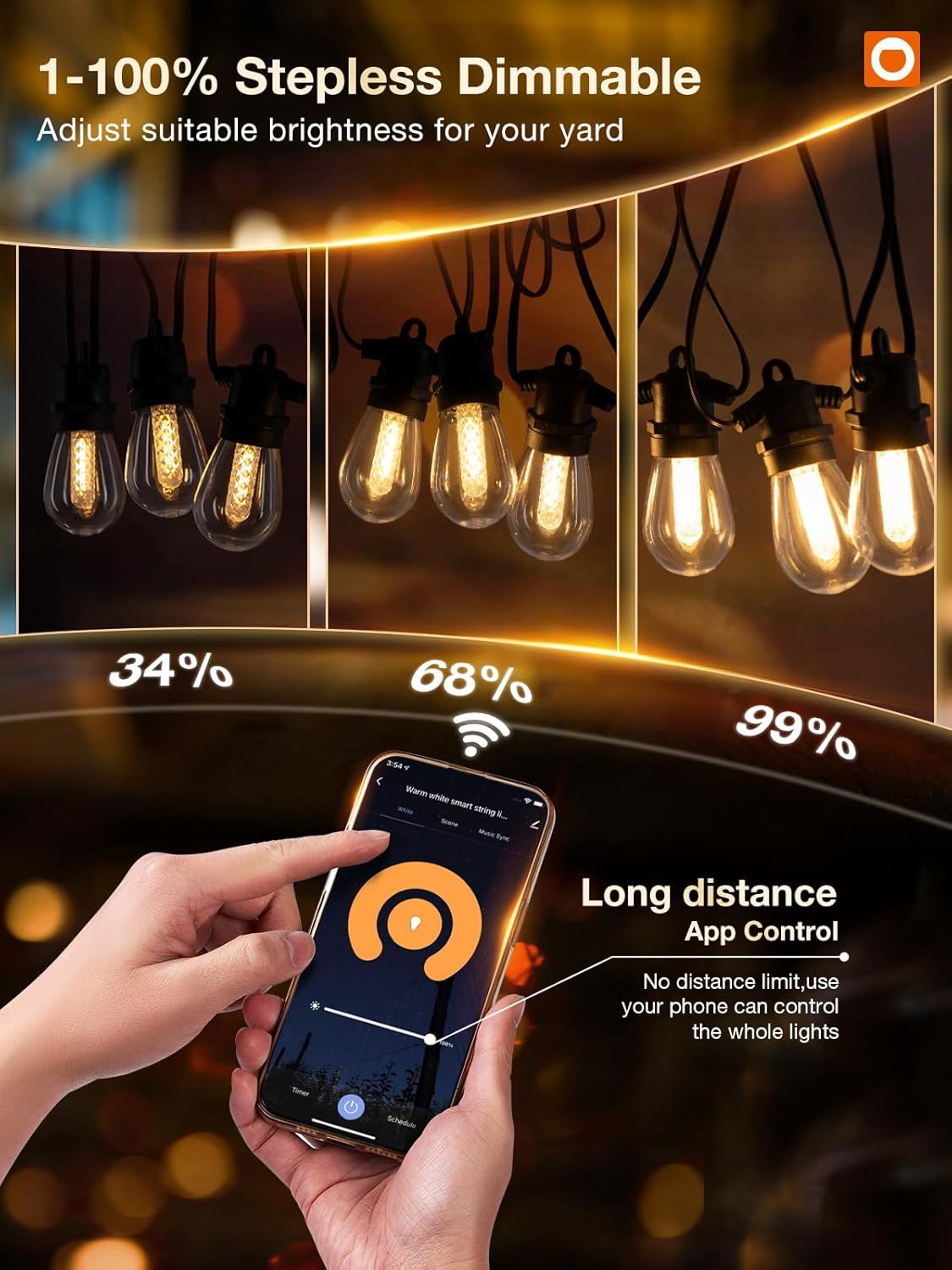 48FT Smart Outdoor String Lights with Remote, Dimmable Patio Lights with 15 LED Edison Waterproof Bulbs, String Lights for Outside Works with APP, Music Sync Outdoor Lights for Gazebo Backyard