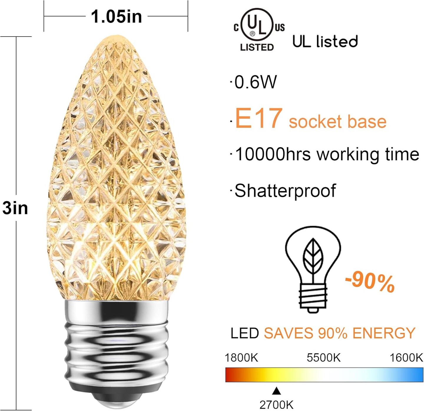 Upgraded 50-Pack C9 LED Christmas Light Replacement Bulbs, Shatterproof LED Bulbs for E17 Base Sockets for Christmas String Lights, Outdoor Waterproof & Dimmable Christmas Village Bulbs - Warm White