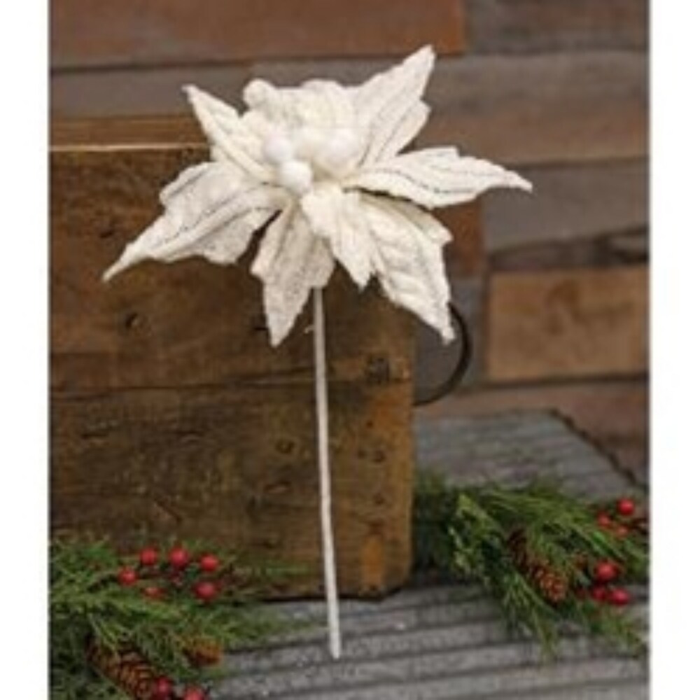 14&#x22; Long Small White Knit Poinsettia with White Wrapped Stem and Silver Sparkles