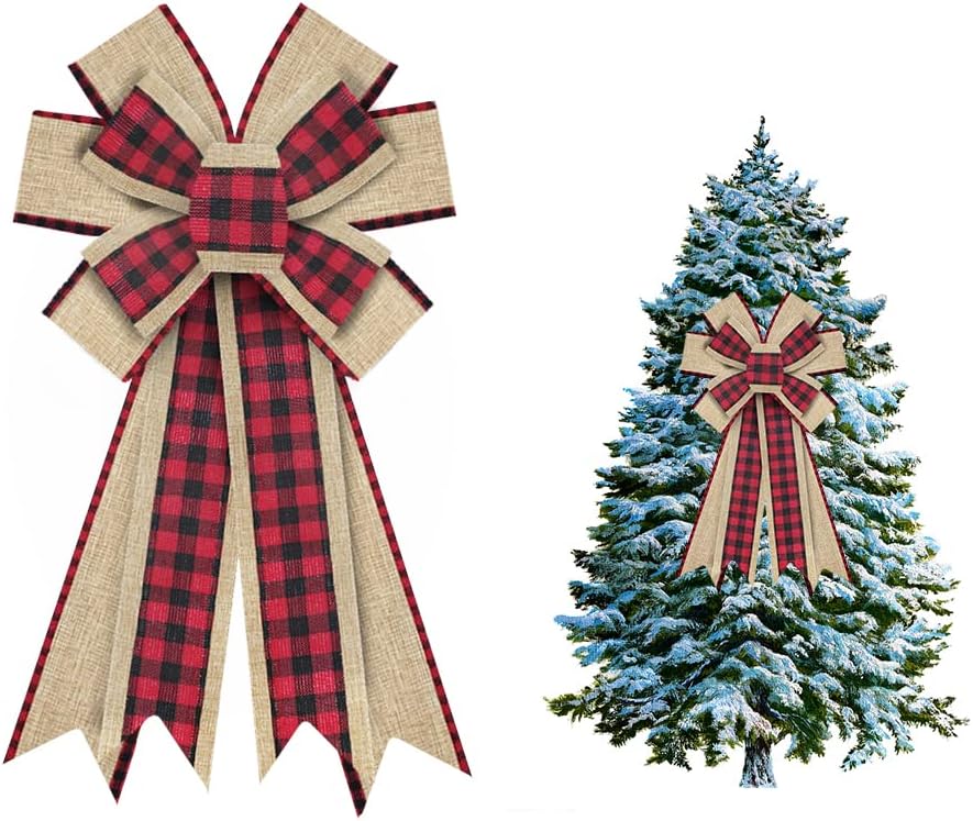 Christmas Wreath Bows Christmas Decor Bow Red Black Buffalo Plaid Burlap Bows for Wreaths, Christmas Ribbon Bows Tree Topper Bows for Christmas Home Indoor Outdoor Decoration Wreath Ornament Supplies