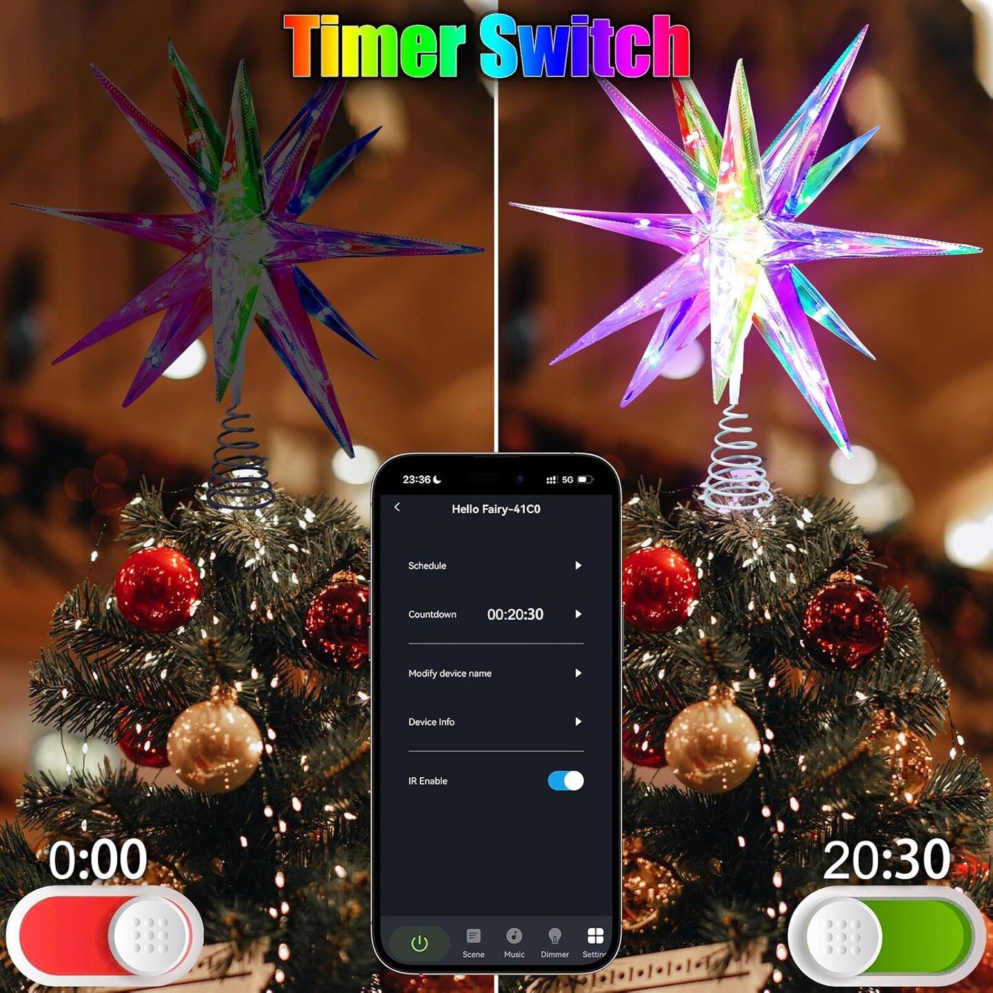 Christmas Star Tree Topper, 15.8&#x22; Smart Star Tree Top of Crystal-Like 3D Polygonal Shell, Light Tree top w/Remote Control/App, Music Sync RGB Color Changing Control LED Christmas Light, 36 Lights