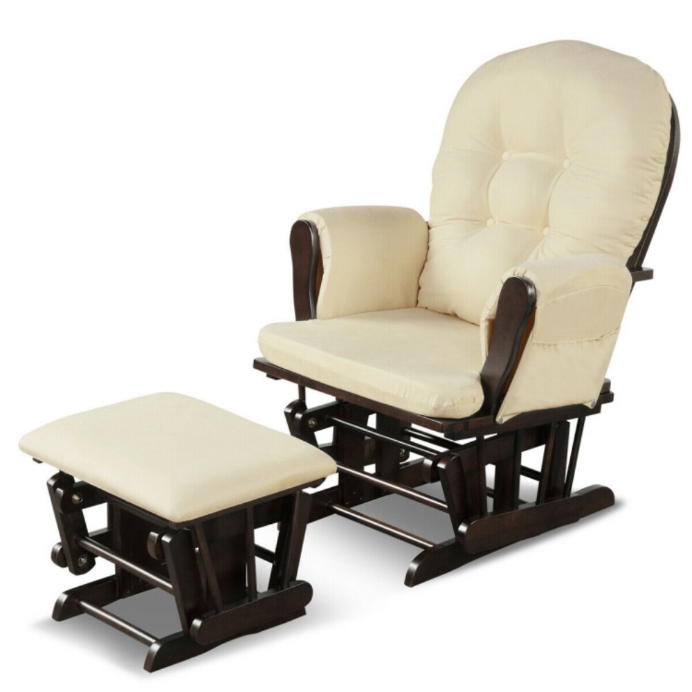 Solid Wood Gliding Chair Set with Pockets and Ottoman for Relaxing