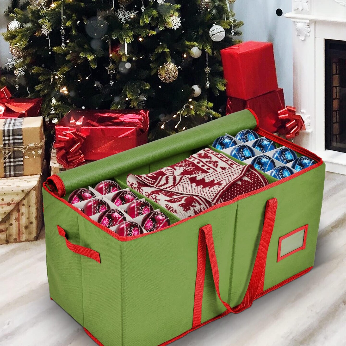 Premium Christmas Ornament Storage &#x2013; Christmas Storage Container Perfect for Holiday Decorations and Ornament Storage Box &#x2013; Fits 128 Holiday Ornaments &#x2013; Tear-Proof Fabric