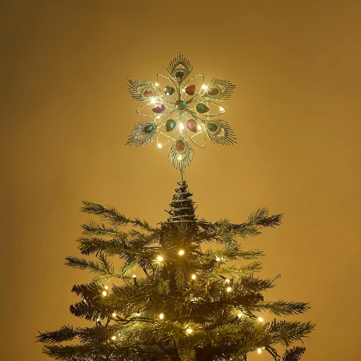 Lighted Christmas Tree Topper Star with Timer for Tree Decorations, 13 Inch Blue and Silver Metal Star Tree Topper Snowflake Peacock Feather Jewel with Lights for Home Party Gift Indoor