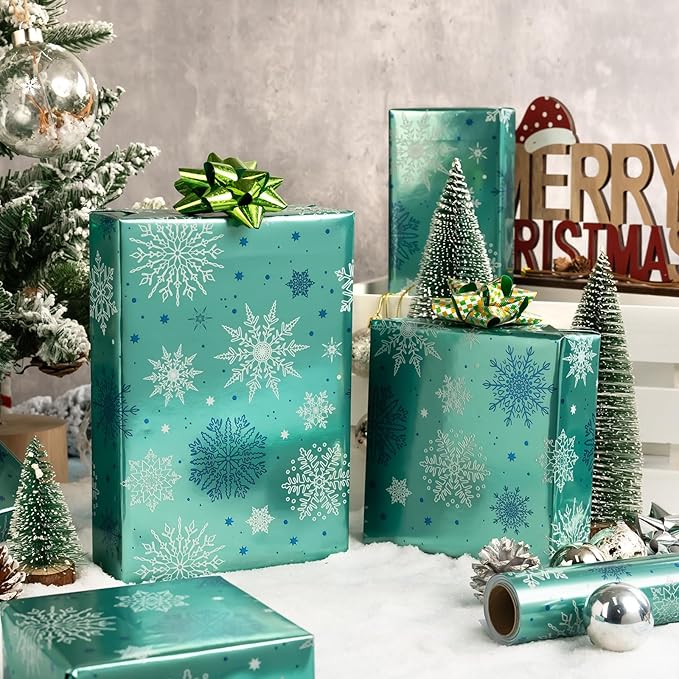 Festive Blue Snowflake Gift Holiday Pattern Foil Wrapping Paper Sheets Winter Gift Wrap for Wedding, Party, Birthday &#x26; Festive Decoration