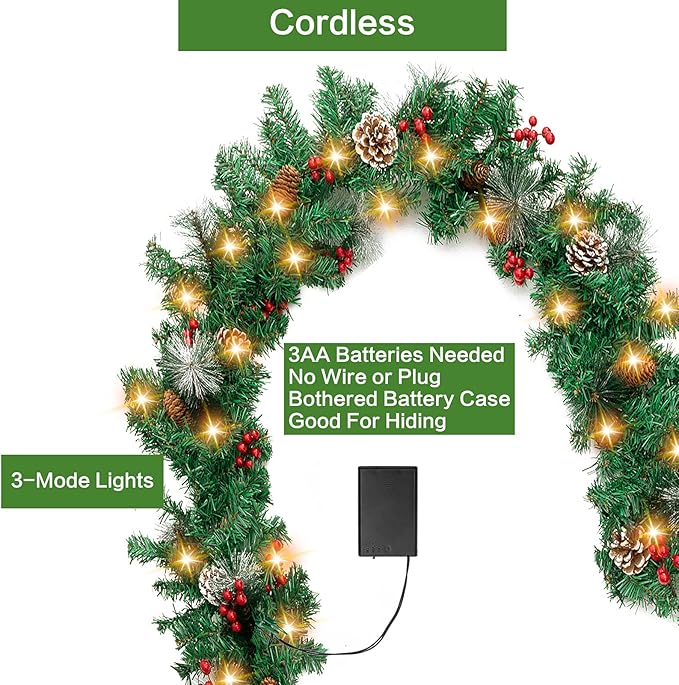 Garland Battery Operated Christmas Garland Lighted Pine Garland Mantle Garland for Outdoor Indoor Christmas Xmas Holiday Decorations, Warm White