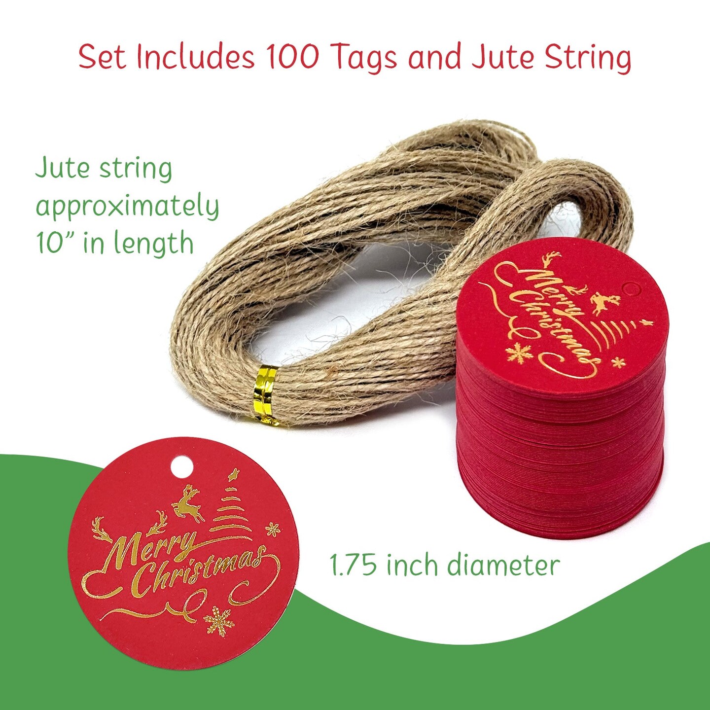 Wrapables 1.75 Inch Round Circle Gold Foil Christmas Holiday Gift Tags / Kraft Paper Hang Tags for Gift-Wrapping, Package Decoration with Jute String (100pcs), Red