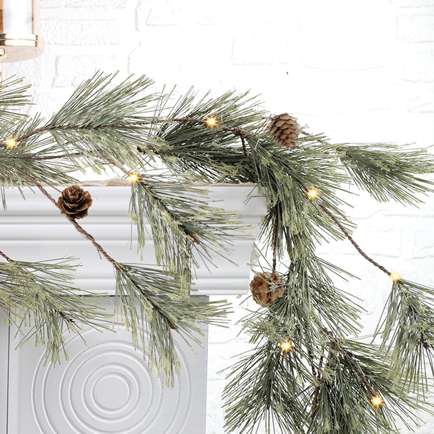 6.6FT Rustic Christmas Garland with Light, Pre-lit Outdoor Garland with Pine Needles Pine Cones for Fireplace Door Porch Mantel Centerpiece Xmas Decoration, Green (Dense Pine Needle)