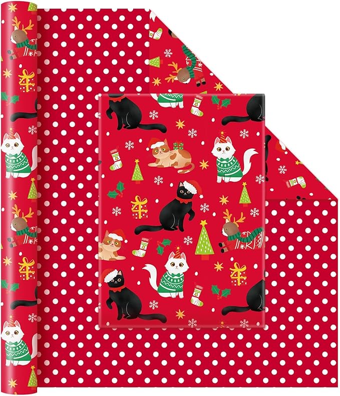 - 1 Roll 17” x 33 ft Kitty Red Kids Christmas Wrapping Paper Birthday Party Gift Funny Christmas Wrap Decoration Polka Dot