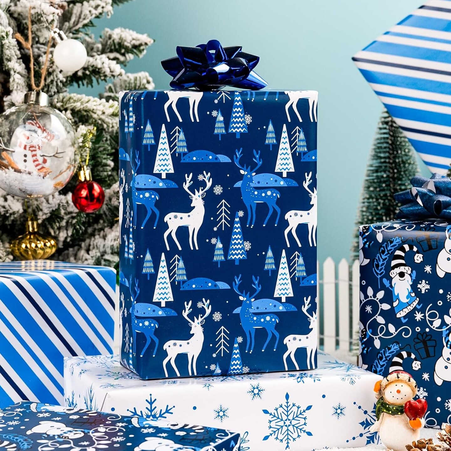Jumbo Christmas Wrapping Paper Bundle with Gridlines-30 In X120 In-4 Roll-Snowmen &#x26; Santa Claus &#x26; Snowflakes &#x26; Reindeer &#x26; White Stripes &#x26; Tree for New Year,Birthday,Holiday