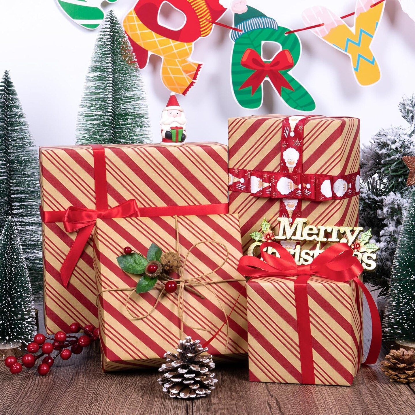 Christmas Wrapping Paper, Kraft Paper Roll with Classic Stripe Design 17inch x 33feet, Mini Red Wrapping Paper Roll Vintage Gift Wrap Paper for New Year Holiday, Birthday, Craft &#x26; Art