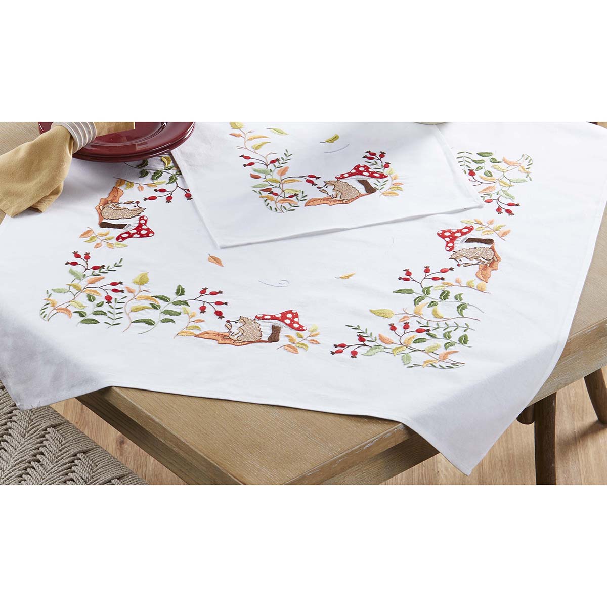 Herrschners  Hedgehog Mushroom &#x26; Leaves Table Topper Stamped Embroidery Kit