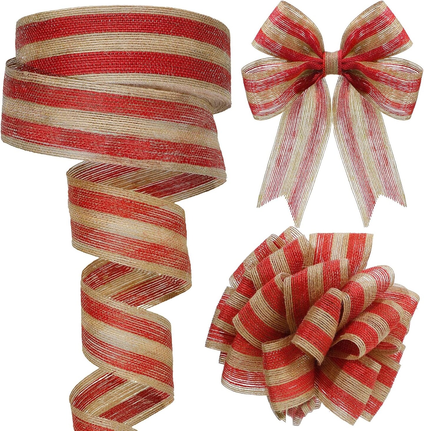 98.4 Ft Christmas Burlap Ribbon Roll Red Burlap Ribbon Gunny Sack Natural Burlap Stripe Ribbon Linen Rope Ribbon for DIY Craft Wreath Christmas Tree Decoration Wedding Party Supplies (2 Inch Wide)