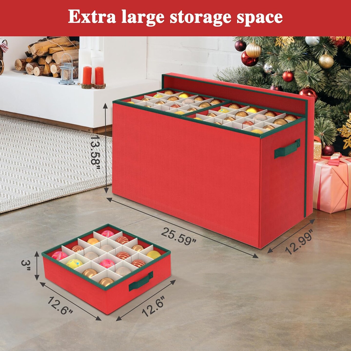 Christmas Ornament Storage Box, Ornament Organizer Storage box with Lids and Adjustable Dividers , Store Up to 128-3&#x22; Ornaments, Extra Large Holiday Decor Storage Container with 8 Stackable Trays, Red
