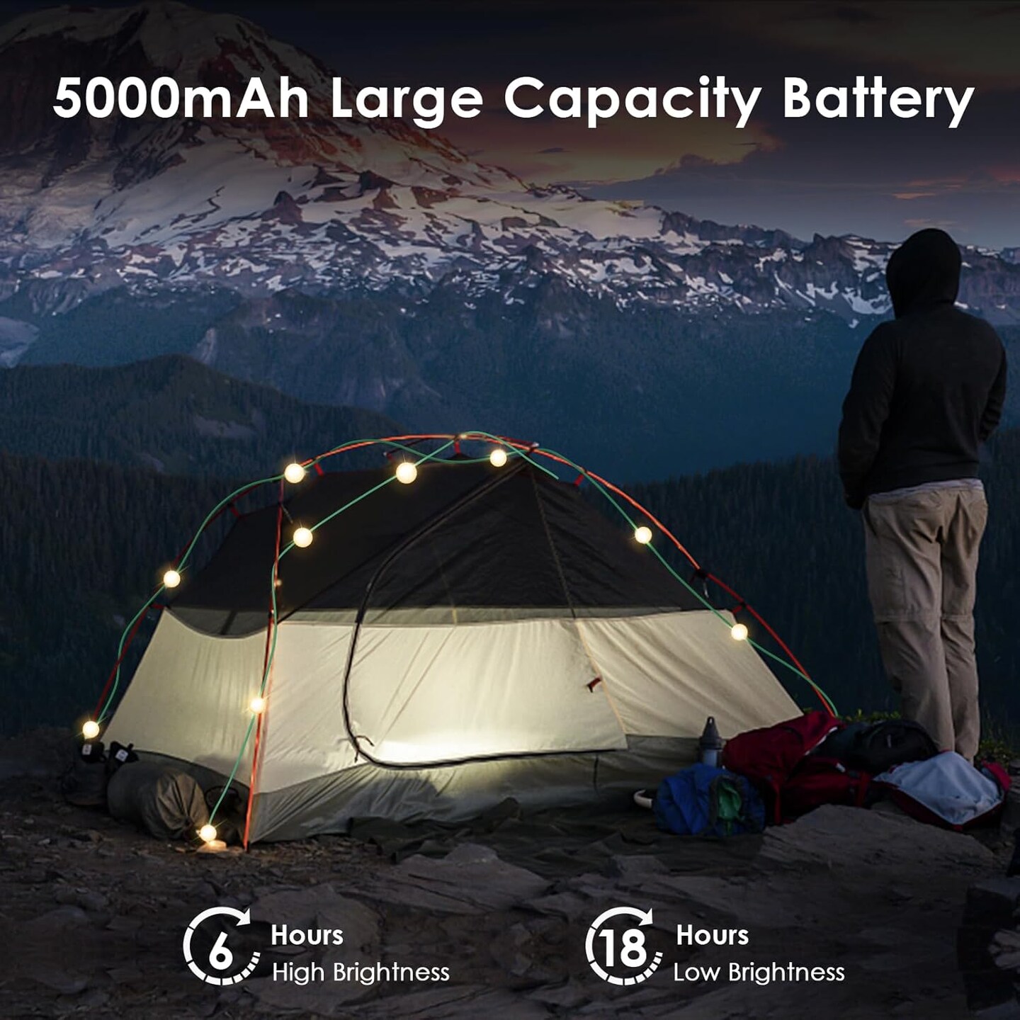 Solar Camping String Lights, 17Ft Ultra Long String with Warm White 10LEDs, Solar Powered and USB Rechargeable Light with 7 Light Modes, IPX4 Waterproof for Outdoors, Decorations, Camping