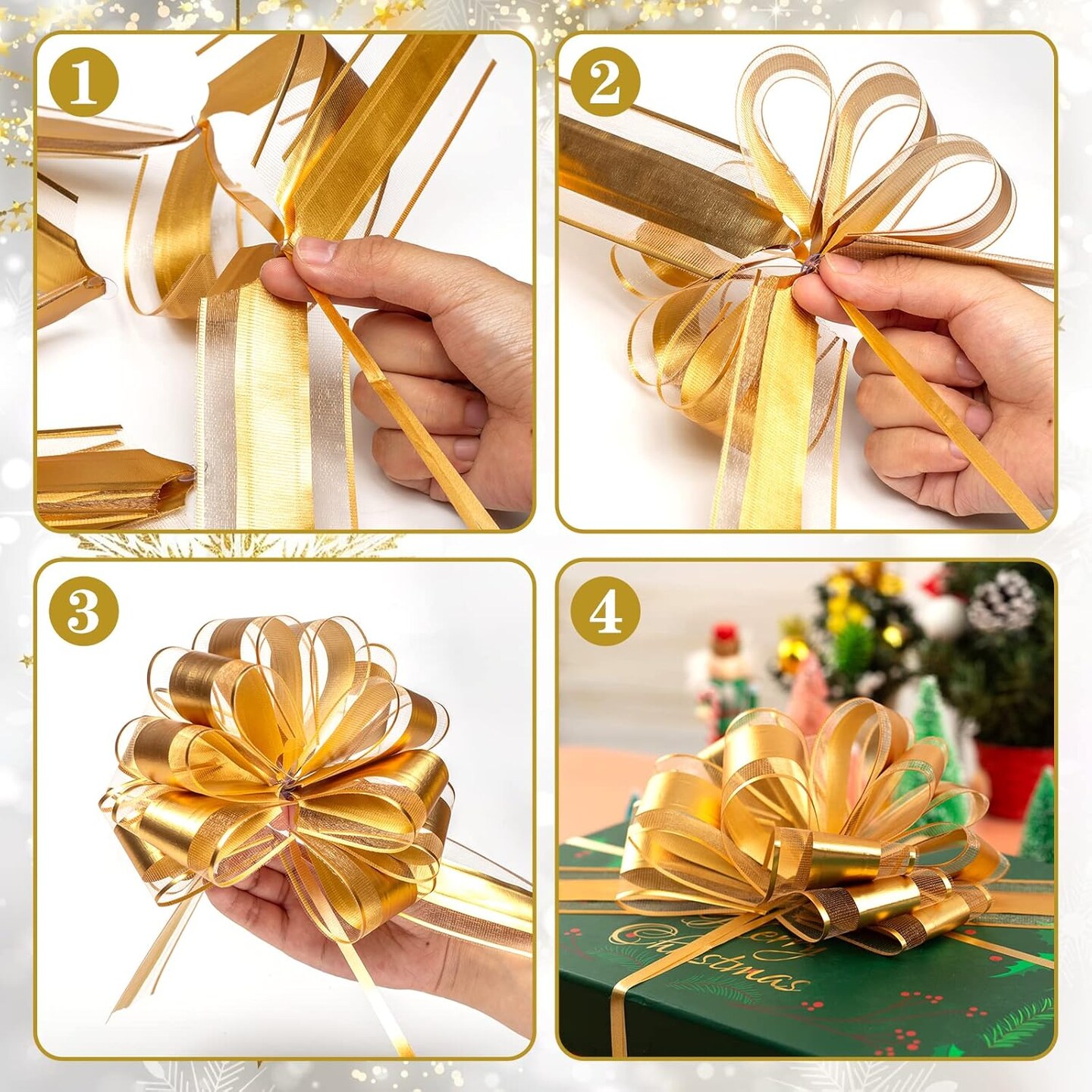 24PCS Gold Pull Bows, Large Christmas Pull Bows Shiny Gift Wrapping Bows for Christmas Holiday Wedding Gift Box Baskets Decoration
