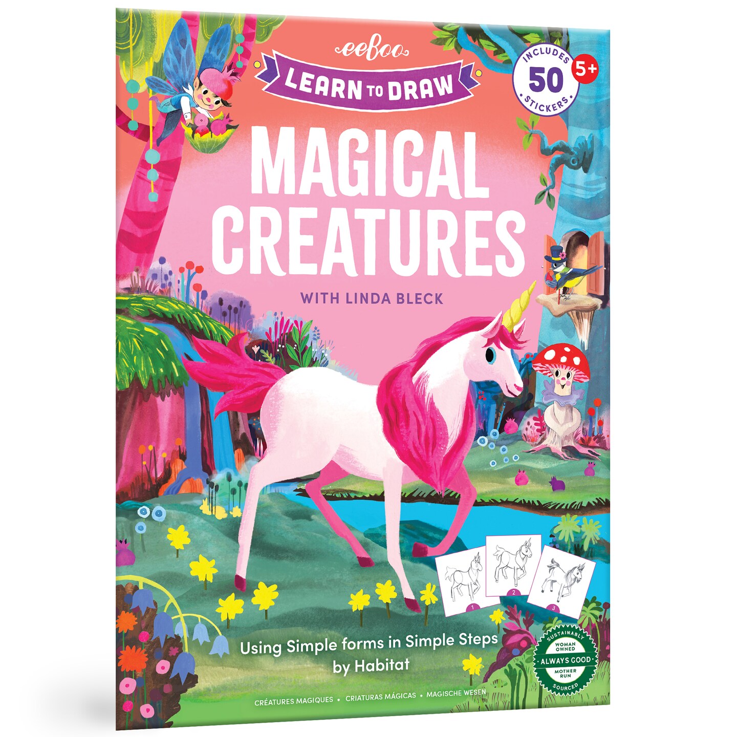 eeBoo: Learn to Draw - Magical Creatures - Drawing Guidebook, 50+ Stickers, Themed Step-By-Step Lessons, Simple Forms In Simple Steps, Kids Ages 5+