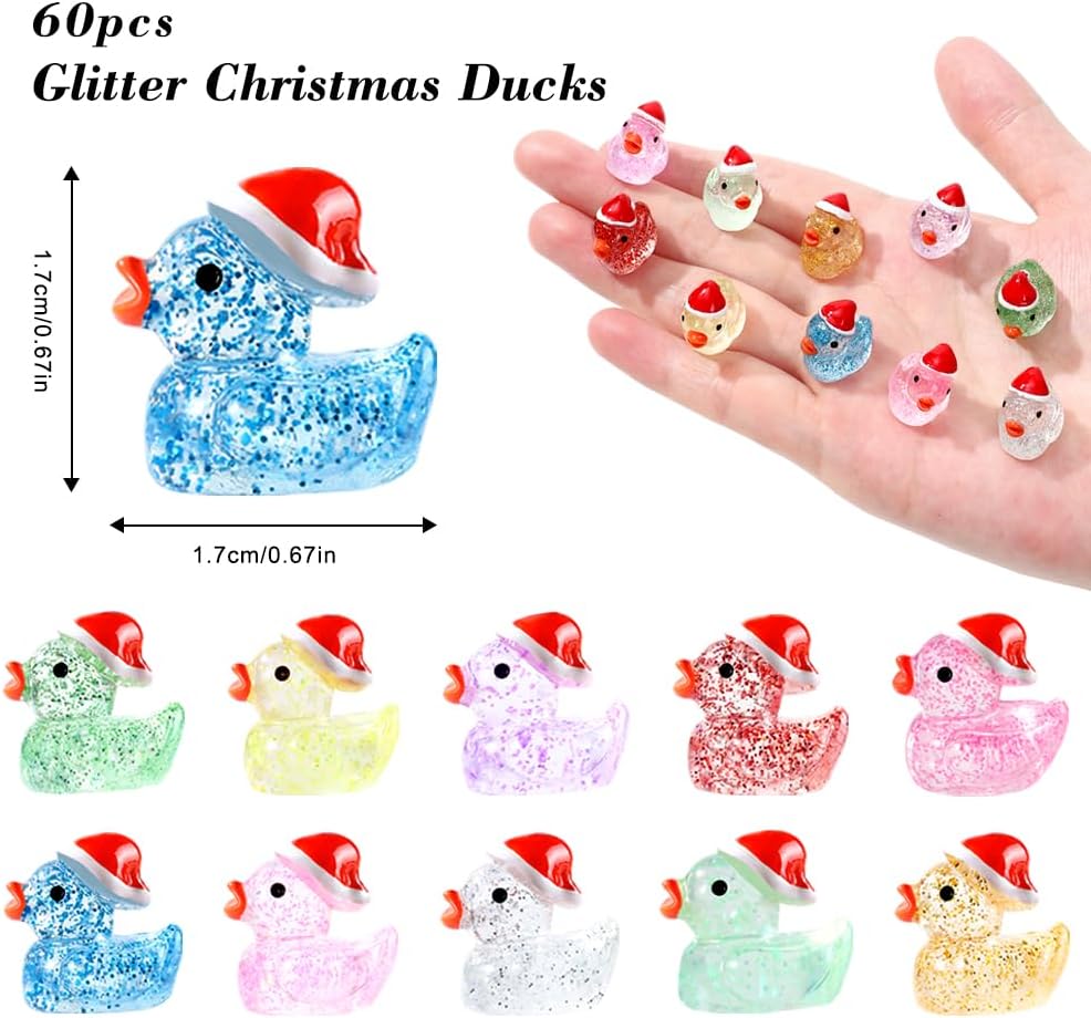 Christmas Mini Glitter Ducks 60pcs Colorful Tiny Small Little Resin Ducks to Hide Plastic Miniatures