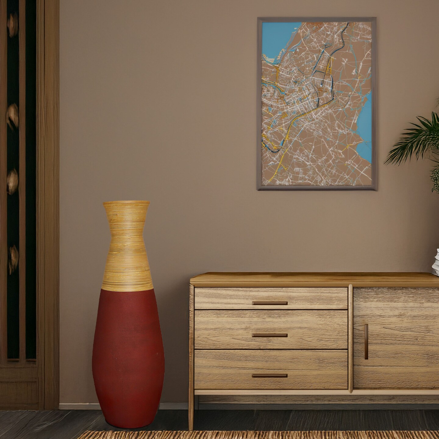 31.5 inch Tall Handcrafted Bamboo Floor Vase, Burgundy and Natural Finish, Decorative Accent, Large Floor Vase, Sustainable Bamboo, Living Room, Dining Room, Entryway Decor, Unique Home Accent