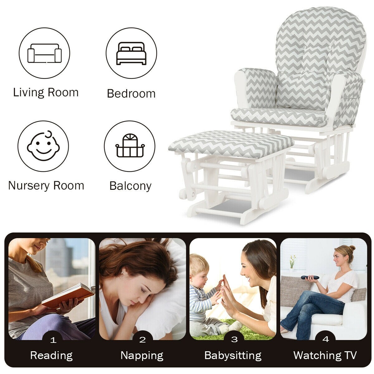 Solid Wood Gliding Chair Set with Pockets and Ottoman for Relaxing
