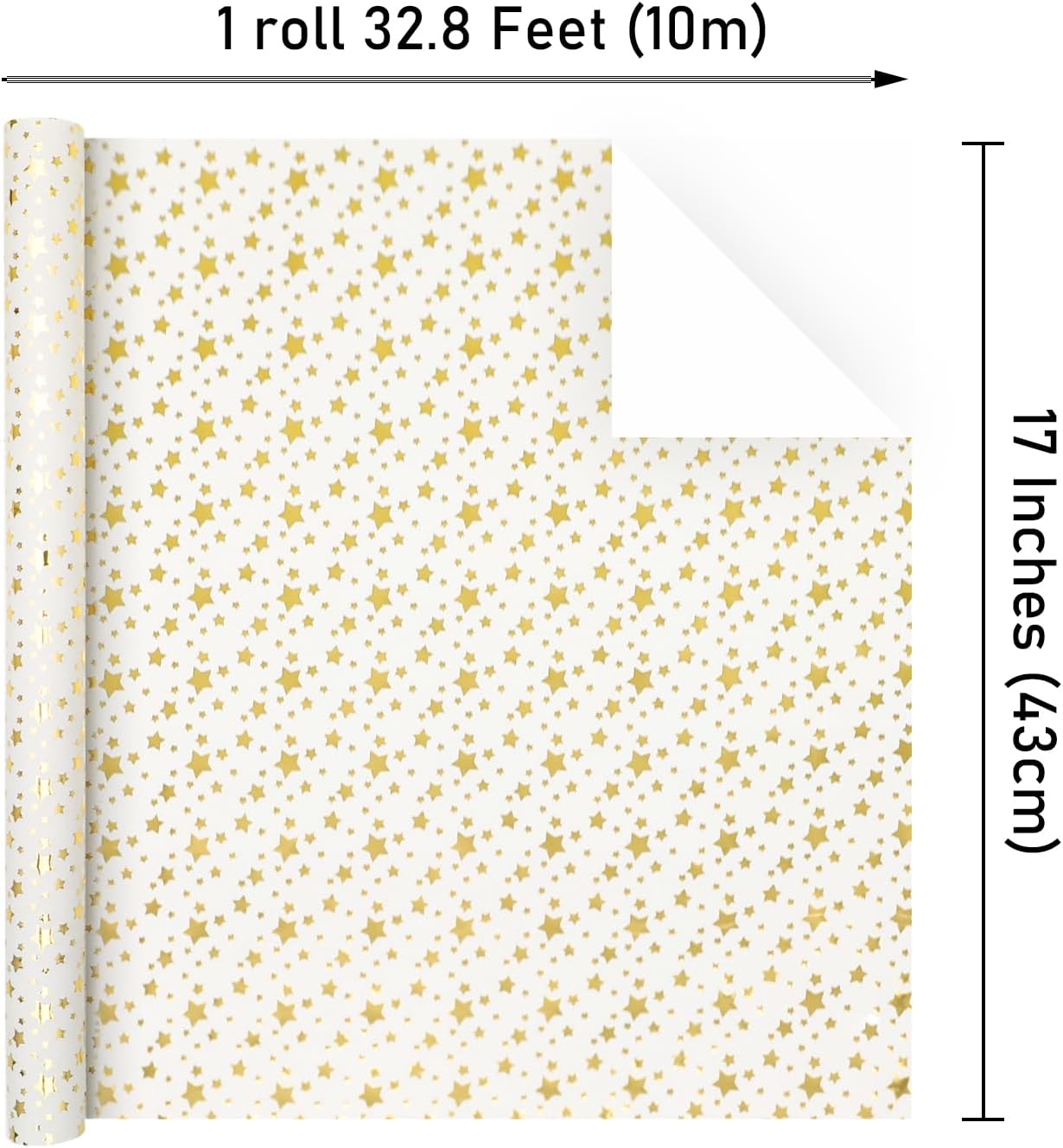Christmas Wrapping Paper, Gold Foil Star Wrapping Paper Roll, White Gold Wrapping Paper, Gift Wrapping Paper Roll for Christmas, Wedding, Birthday, Party, Baby Shower (17 inch X 32.8 ft)