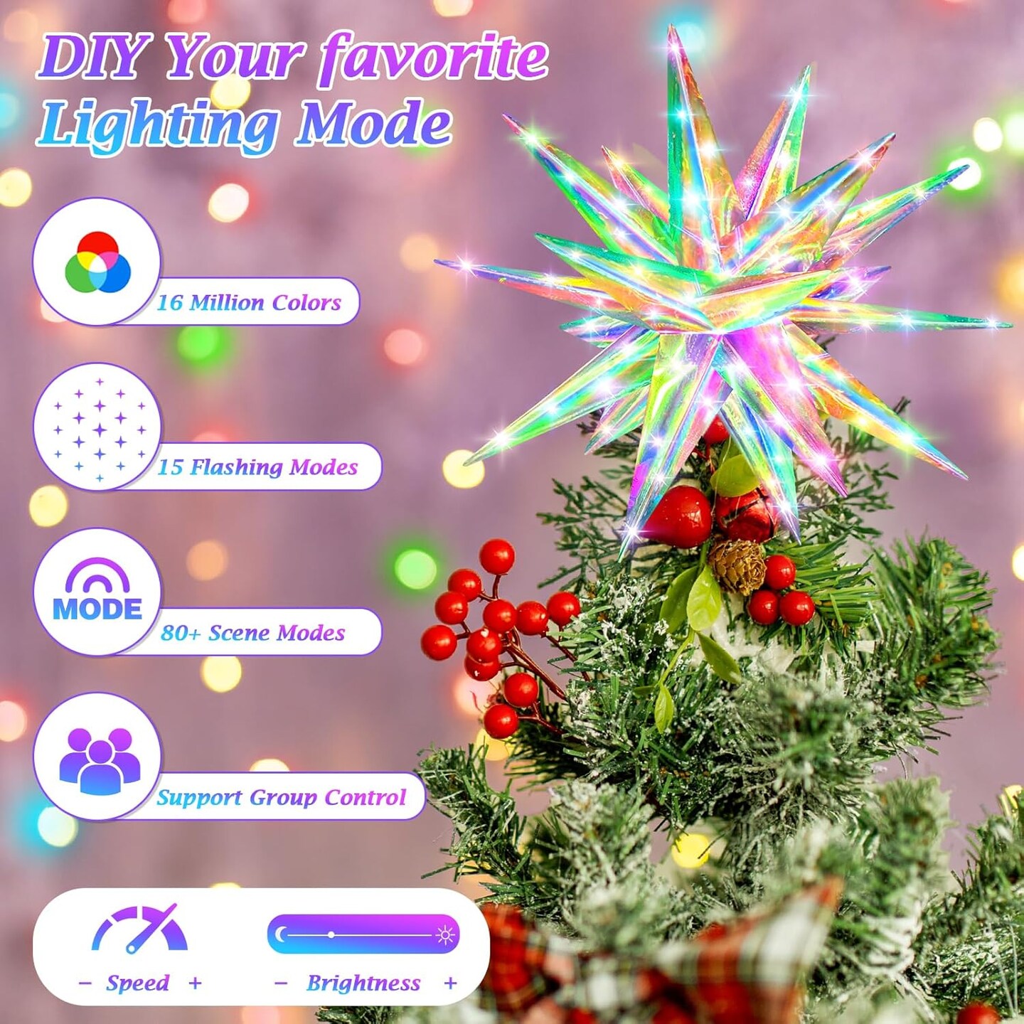 Christmas Star Tree Topper, 11&#x201D; Smart Lighted Treetop Decoration with RGB Color Changing &#x26; Music Sync, Xmas Star Decor, Remote &#x26; Bluetooth App Control, Hanging Star Decor for Christmas Tree Holiday