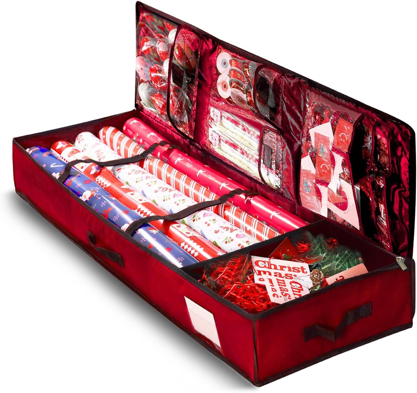 Gift Wrap Organizer 42 Inch, 600d Oxford Fabric Christmas Wrapping Paper Storage Containers Bag w/Useful Pockets Fits Storing Rolls, Ribbons, Bows Red
